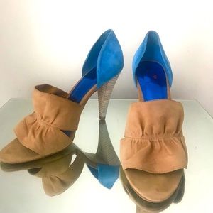 Ruffled Tan & Blue Color block High Heel Sandal
